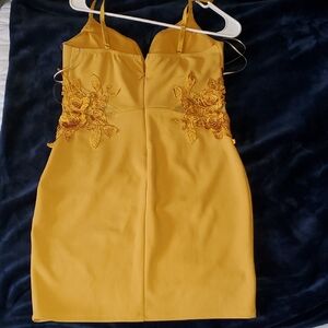 Haute Monde Tan Midi Dress with Gold Floral Accents